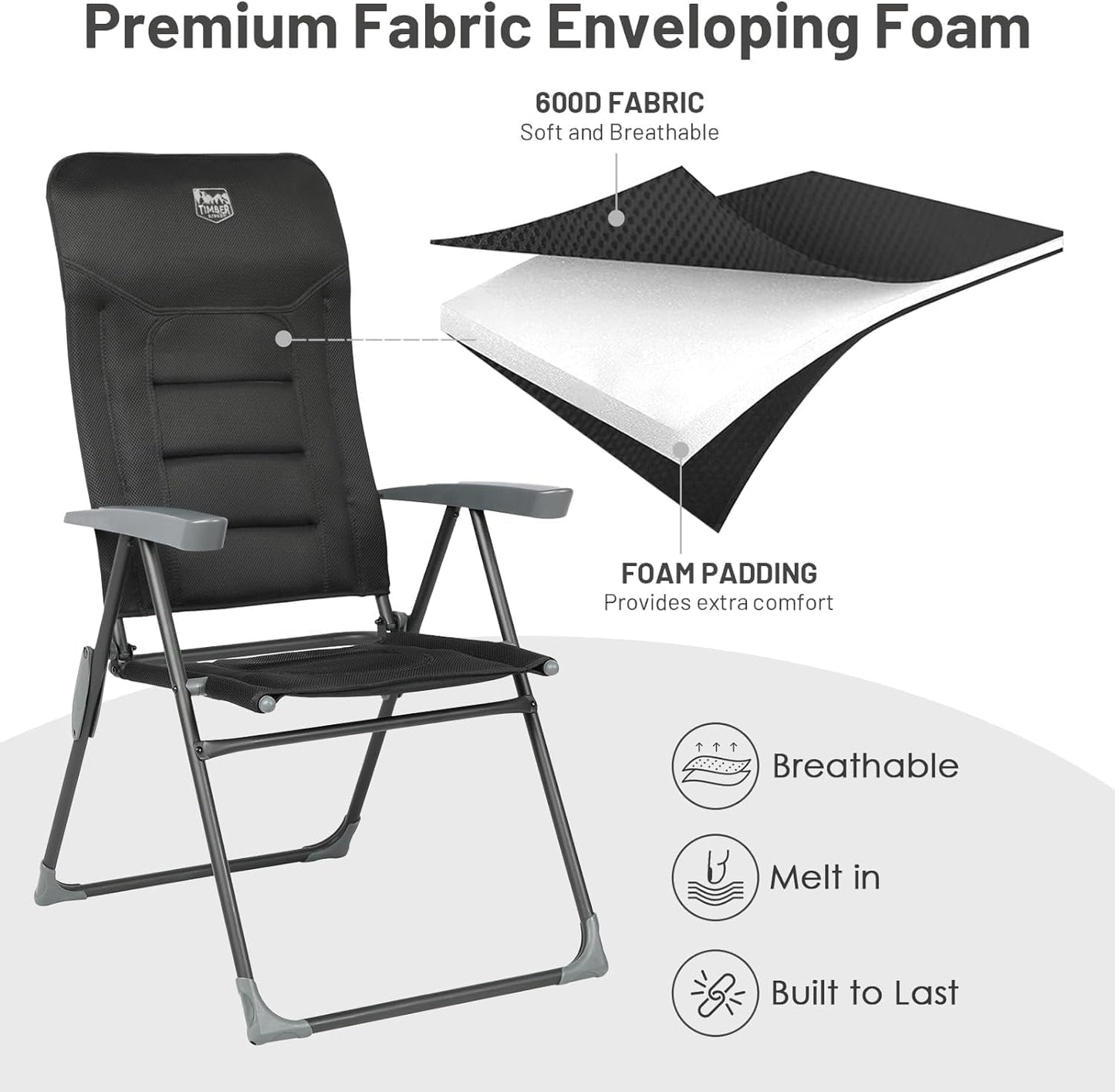 TIMBER RIDGE 7-Level Reclining Camping Chair, Adjustable Folding Patio Chair with High Back for Adults, Lightweight Aluminum Padded Lawn Chair for Outside, Heavy Duty Supports 300 LBS, Black-1 Pack
