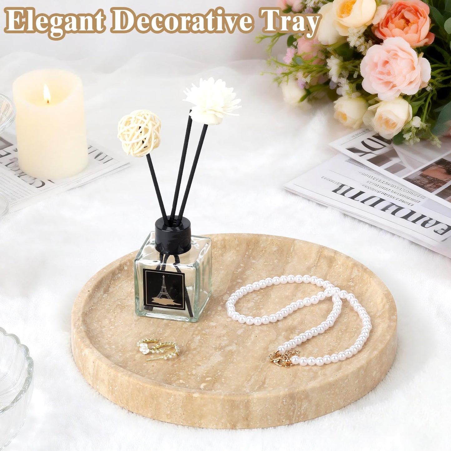 Moujings Natural Travertine Vanity Tray - Decorative Stone Marble Tray for Bathroom Countertop, Elegant Organizer for Home Decor, Jewelry, Candle, Makeup, Kitchen and Dresser Decor