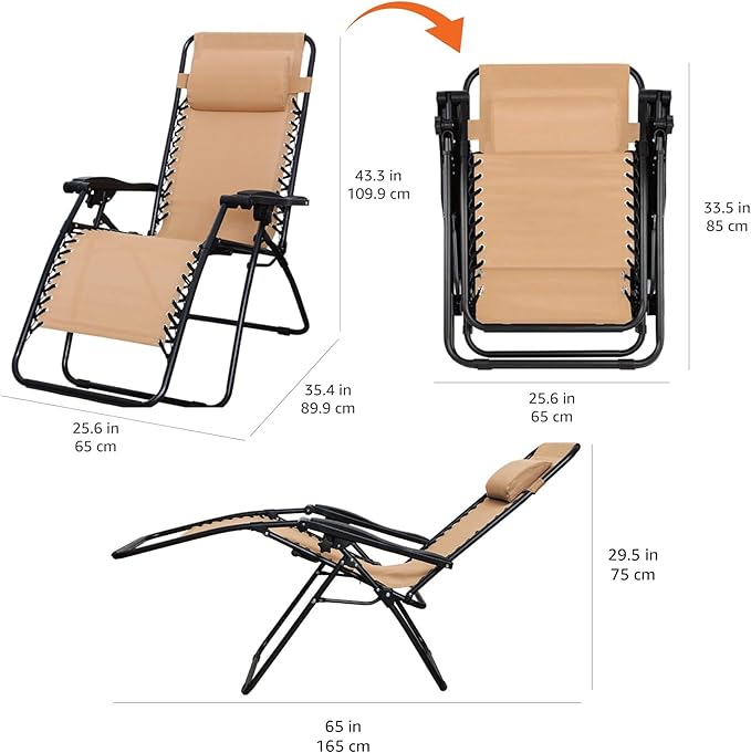 Amazon Basics Outdoor Patio Zero Gravity Folding Reclining Lounge Chair with Padded Headrest Pillow, Adjustable Lawn Chair for Outside, Weather-resistant Textilene, 26", Beige