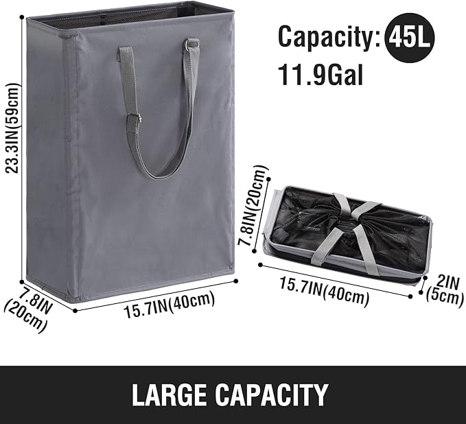 Slim Laundry Hamper with Adjustable Long Handles, 45L Small Laundry Baskets