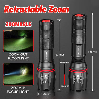 HAUSBELL LED Torch 2000 Lumens (2 Pack), Super Bright Flashlight with 5 Modes, Zoomable Focus, Battery Powered, Water-Resistant Tactical Torch for Camping, Hiking & Emergency Use