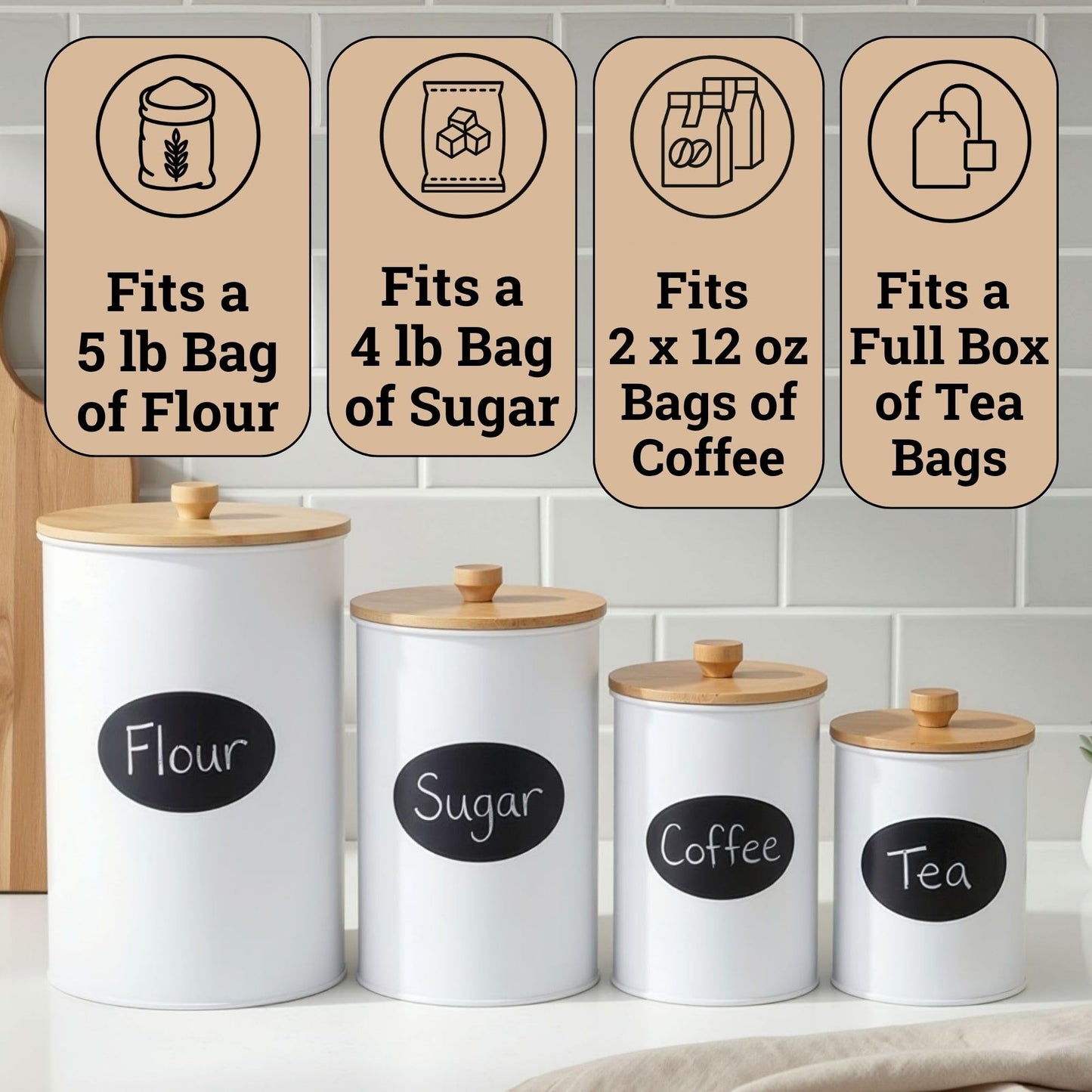 Kitchen Canisters for Countertop Set of 4 with Customizable Chalkboard Labels & Marker Pen - Big Iron Kitchen Canisters with Airtight Lids - White Canister Set - Flour and Sugar Containers Farmhouse