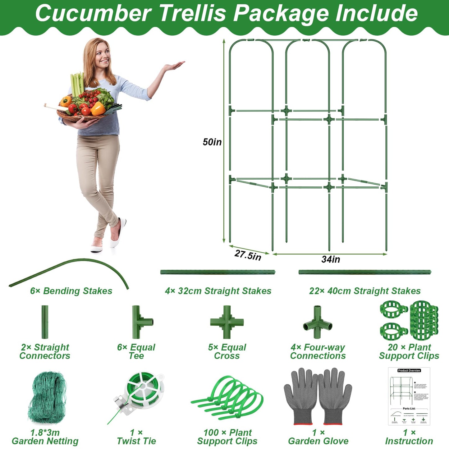 Cucumber Trellis for Raised Bed 50 x 34 Inch U-Shape Garden Trellis for Climbing Plants Outdoors Metal Garden Cucumbers Arch Trellis, Cucumber Plant Support for Tomato, Pea, Zucchini, Vine Flower