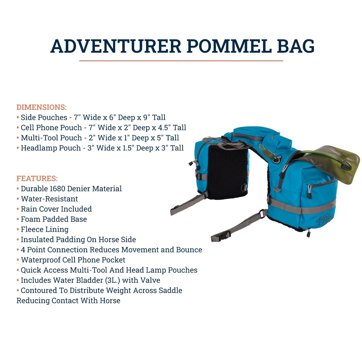 Circle Y Tucker Adventurer Durable Water-Resistant Contoured Horseback Riding Gear Saddle Pommel Bag w/Foam Padded Base, Insulated Padding, Fleece Lining, 3-Liter Water Bladder, Rain Cover Included