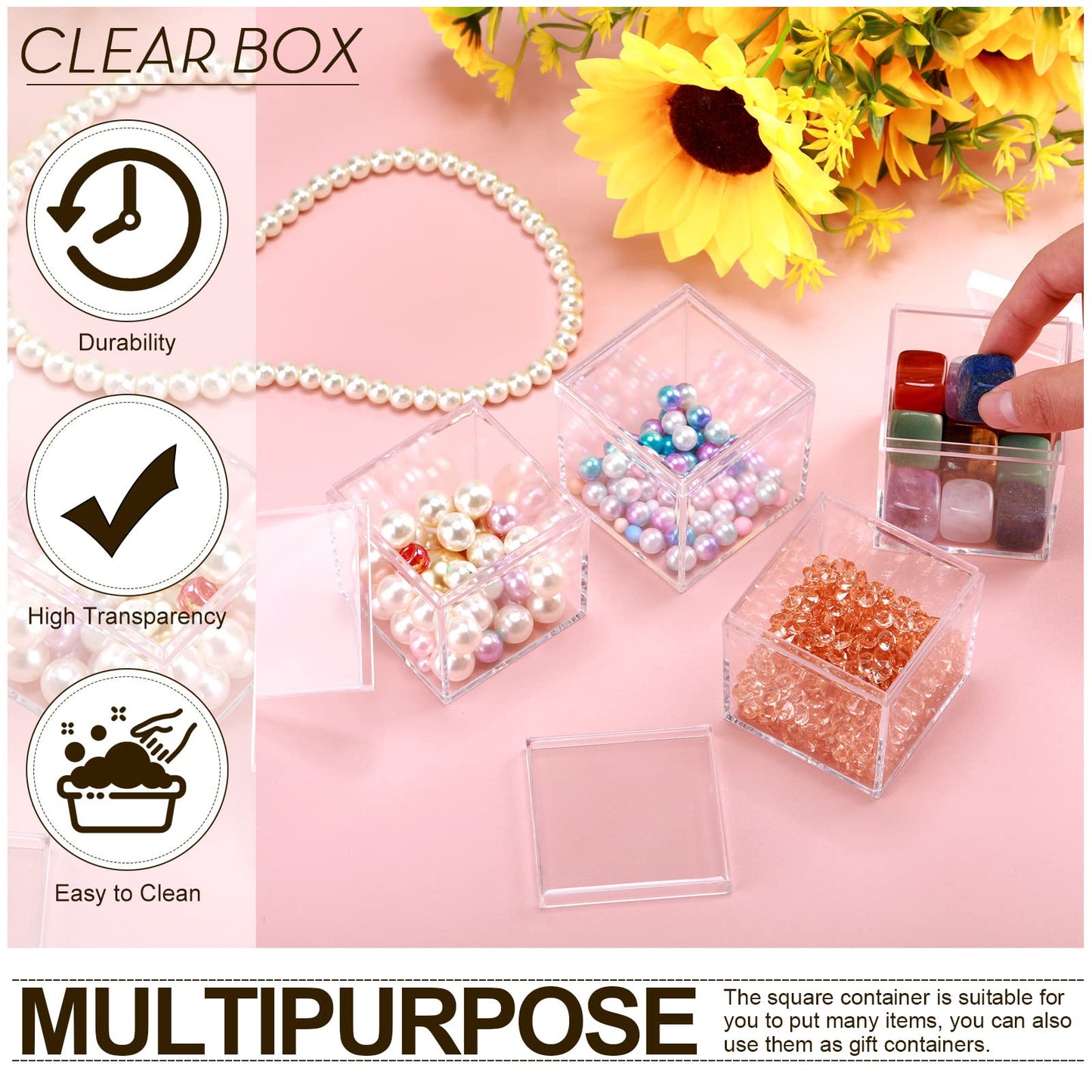 Tuanse 150 Pcs Acrylic Box with Lid Clear Small Acrylic Box Plastic Square Cube with Lid Mini Containers Display 2.2 x 2.2 x 2.2 Inch for Candy Pill Tiny Jewelry Toys Gifts