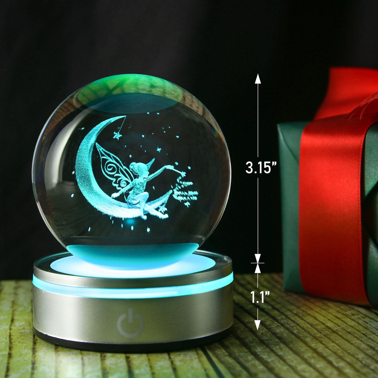 Goutangen 3D Crystal Ball Moon Decor Light Fairy Gifts for Women Girls Fairy Lovers, Laser Engraved Glass Sphere Fairy Figurine for Adults on Birthday Christmas - 80mm