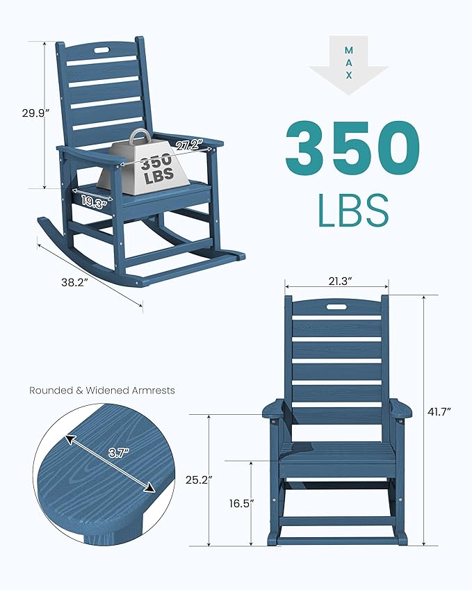 SERWALL Outdoor Rocking Chair Set of 4, Oversized HDPE Patio Rocking Chair with Footrest for Adults, All Weather Porch Rocker for Deck Patio Balcony, Navy