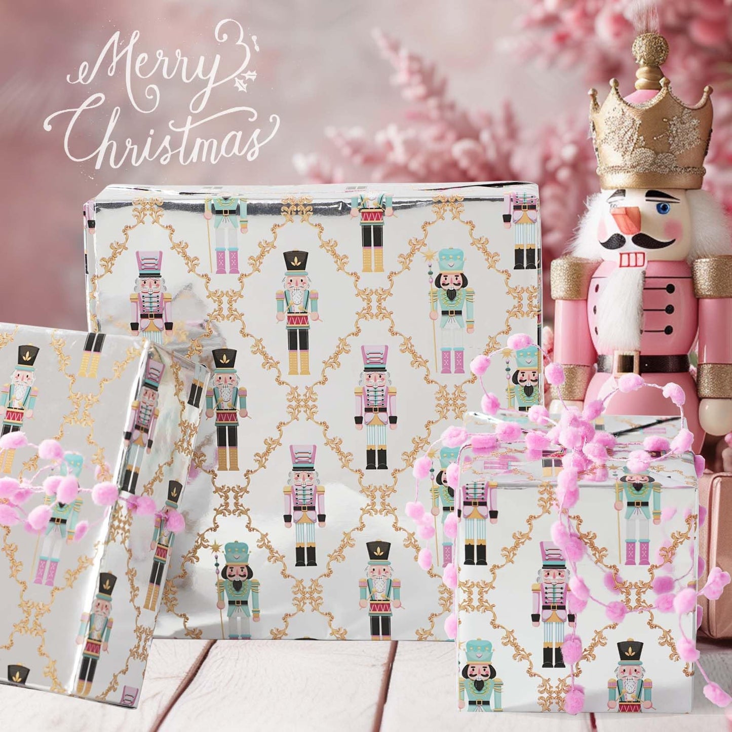LaRibbons Christmas Foil Wrapping Paper Jumbo Roll, Nutcracker Gift Wrap for Christmas, Holiday, Xmas Party Celebration, 30 Inch × 33 Feet