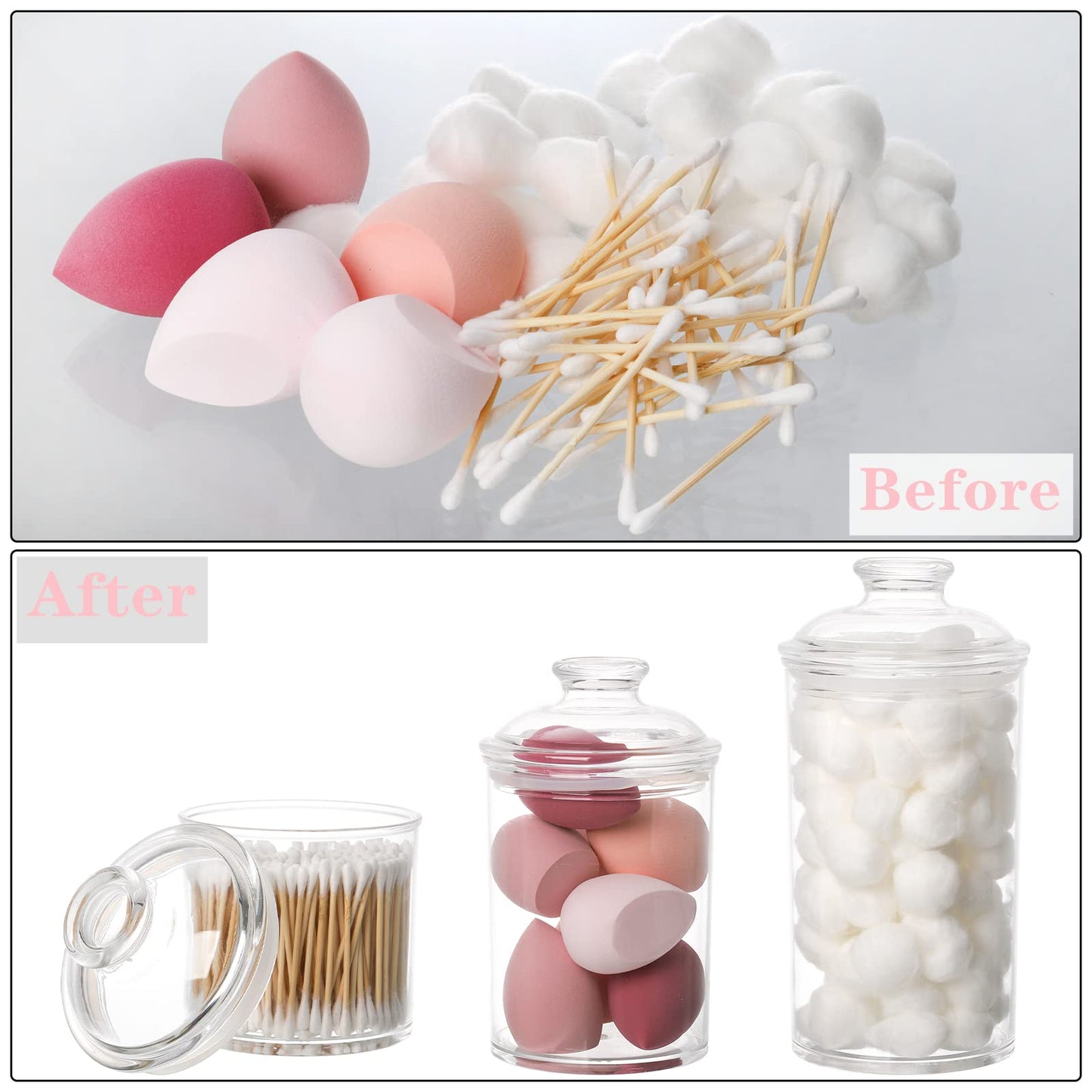 Lyellfe Set of 3 Acrylic Apothecary Jars, Vanity Organizer Canister with Airtight Lids, Bathroom Cotton Swab Holder, Clear Storage Jar for Candy, Bath Salt, Cotton Ball, 34 oz, 25 oz, 17 oz