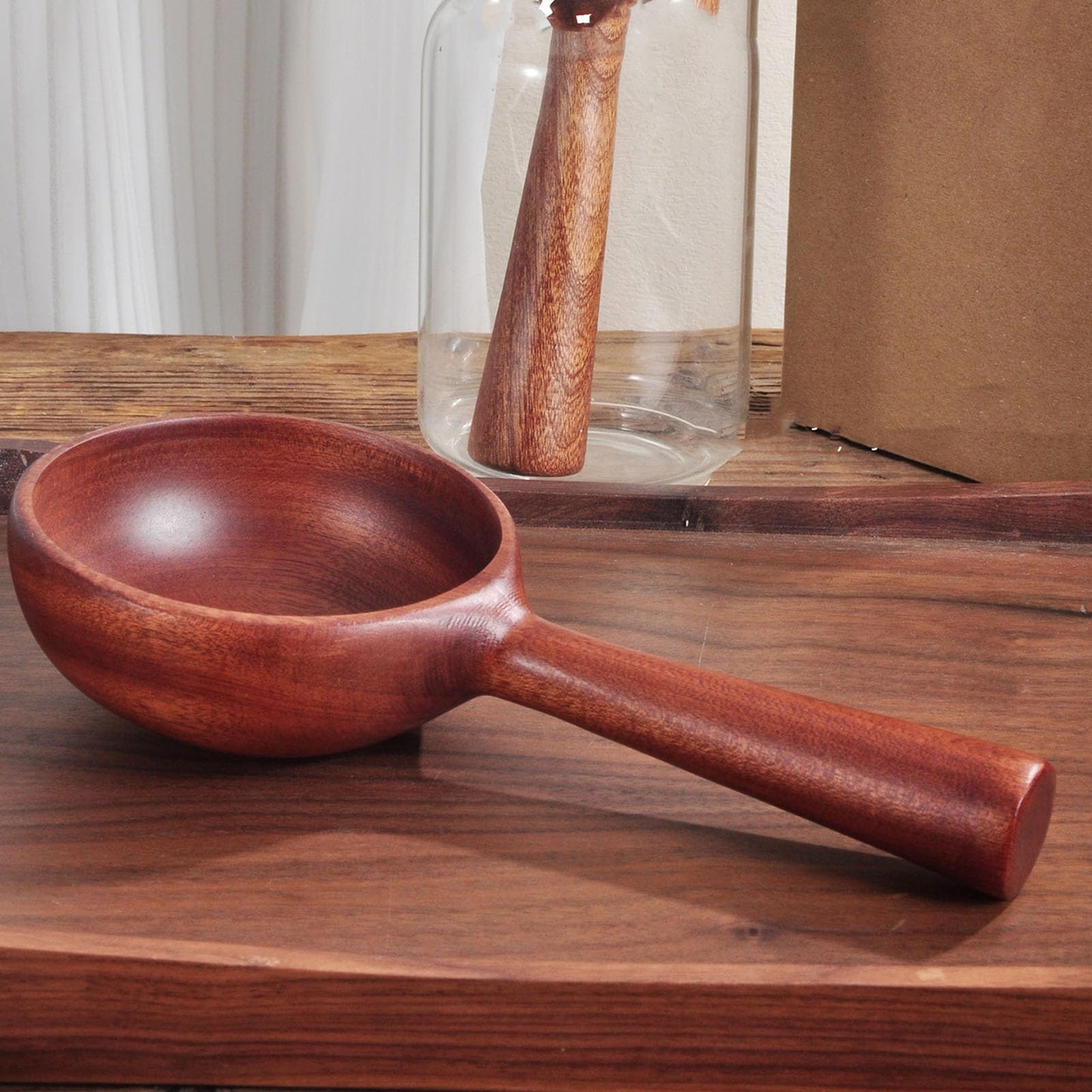 Wooden Water Ladle, 4.3 Inch Large Wood Kitchen Scoop Ladle for Flour Sugar Coffee Beans, Multipurpose Soup Serving Spoon Bath Scoop for Cooking Stirring, Bath Salt, Canisters Flour