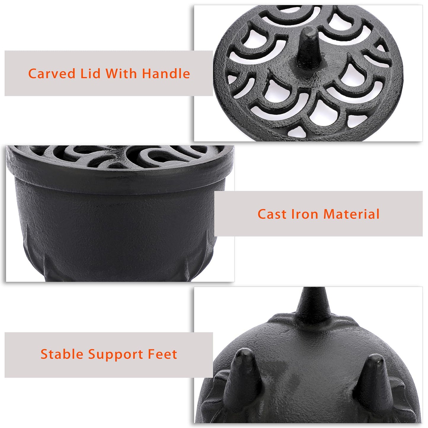 JUXYES Vintage Tripod Incense Burner Holder with Lid, Cast Iron Incense Holder Metal Cauldron Censer Antique Cone Coil Incense Burner Holder for Incense Resins, Cones, Charcoal or Wax Melts