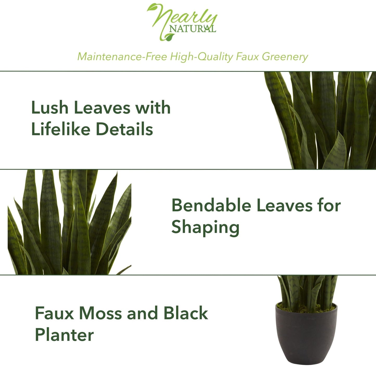 Nearly Natural 35in Artificial Snake Plant, Sansevieria Faux Greenery with Black Planter for Indoor Home Office Decor, Low Maintenance