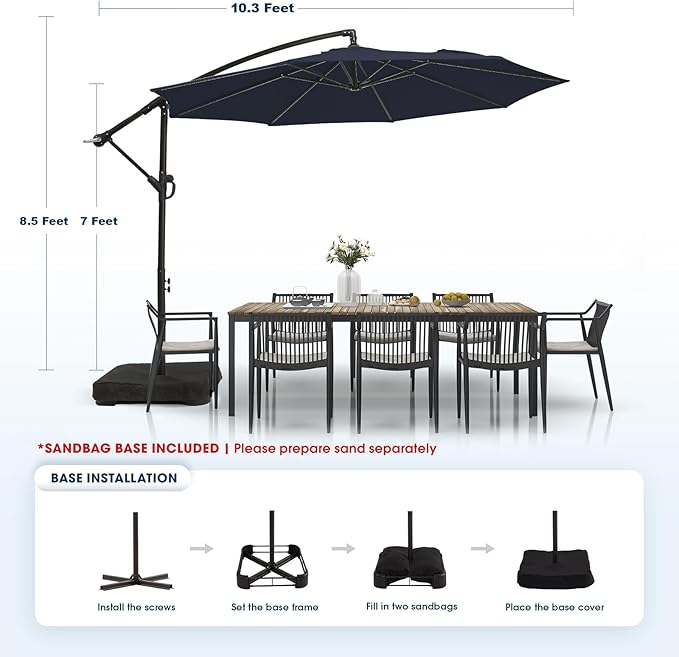 wikiwiki 10ft Patio Umbrella with Base Included, Outdoor Offset Cantilever Umbrella with Sandbag Base for Backyard, Garden and Pool, Easy to Tilt and Crank, Navy Blue