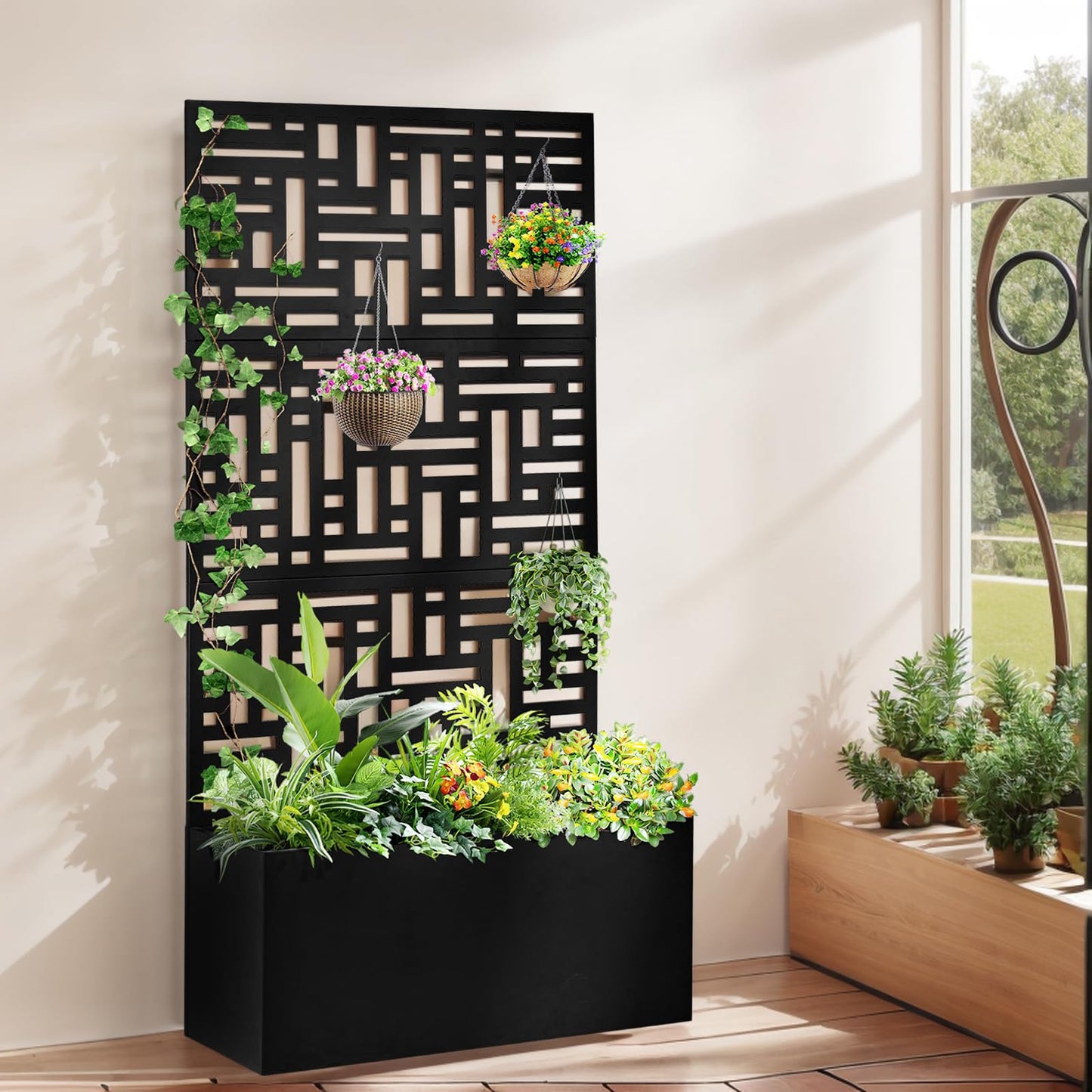 Outvita Metal Planter Box with Trellis, 71’’ x 36’’ x 16’’ Raised Garden Bed with Drainage Holes for Climbing Plants, Vegetables, Vines, Privacy Planters for Patio (Black)