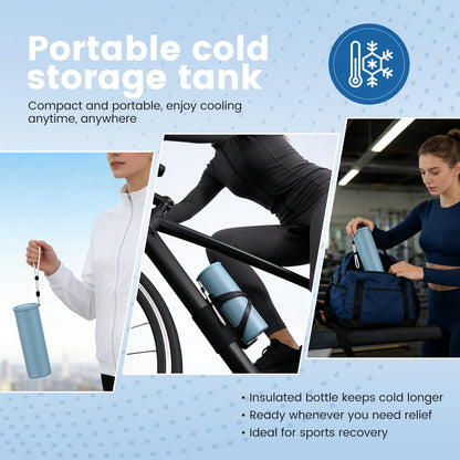 COOLING STATION 3-in-1 Portable Kit: Insulated Stainless Steel Bottle with Reusable Ice Bag & Cooling Towel. Long-Lasting Cold Relief for Daily Commute, Gym, Sports & Outdoor Travel. (Gray-green)
