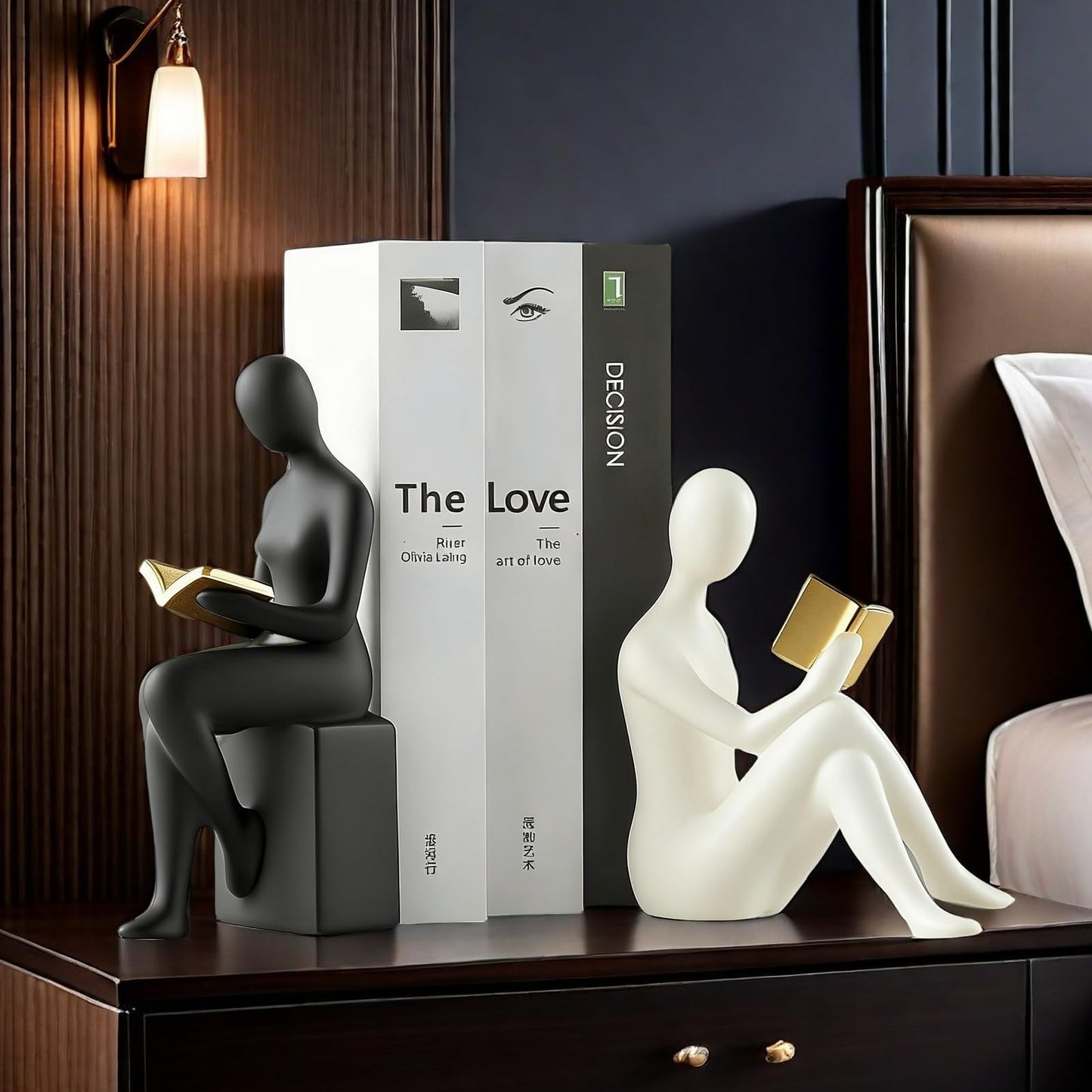 Home Decorative Reading Women Girl Statue Bookends Elegant Resin Bookshelf Room Office Desk Decor,Paper Weights, Book Ends,Bookend Supports, Book Stoppers, Set of 2 (Black and White)