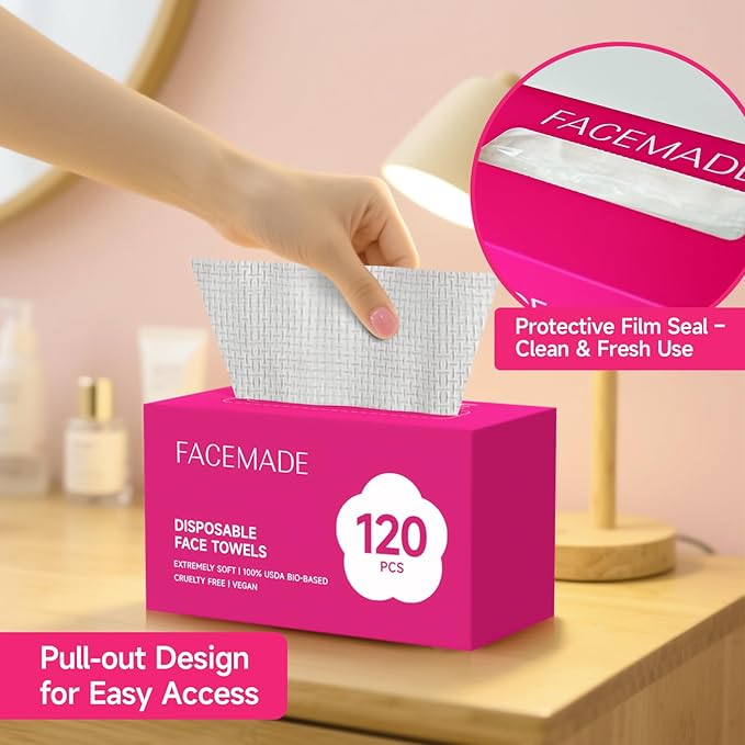 FACEMADE 120 Count Disposable Face Towels, 100% USDA Biobased Face Towelettes