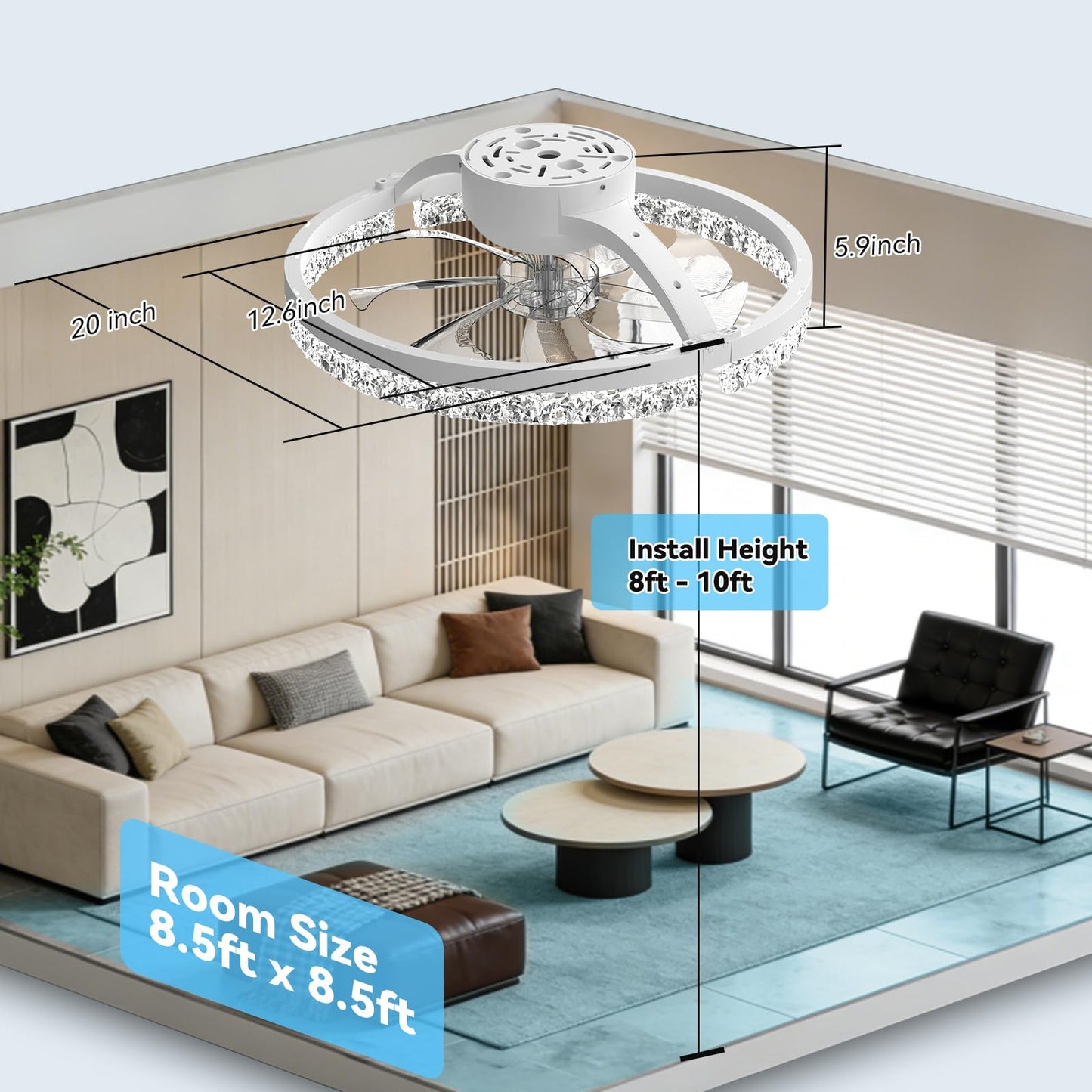AIKVSXER Ceiling Fans with Lights and Remote, 20'' Low Profile Ceiling Fan with APP Control, 3000K-6500K Dimmable, Quiet Reversible DC, Modern Flush Mount Fandelier for Bedroom (White-Crystal)