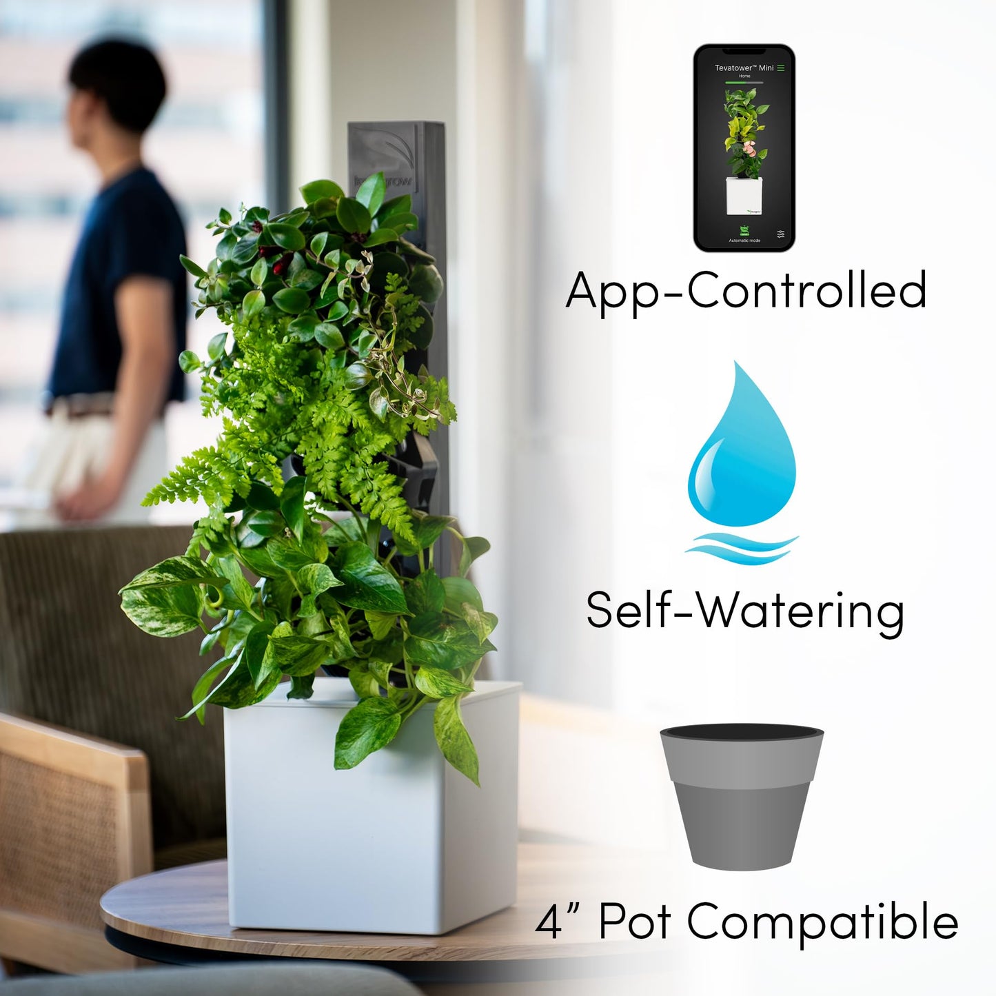 Tevatower Mini Smart Self-Watering Indoor Garden System - 3-Tier 4-Inch Planter Pot for Herbs, Flowers and Indoor Plants, Compact Smart Planter for Home Kitchen Office - Midnight Black