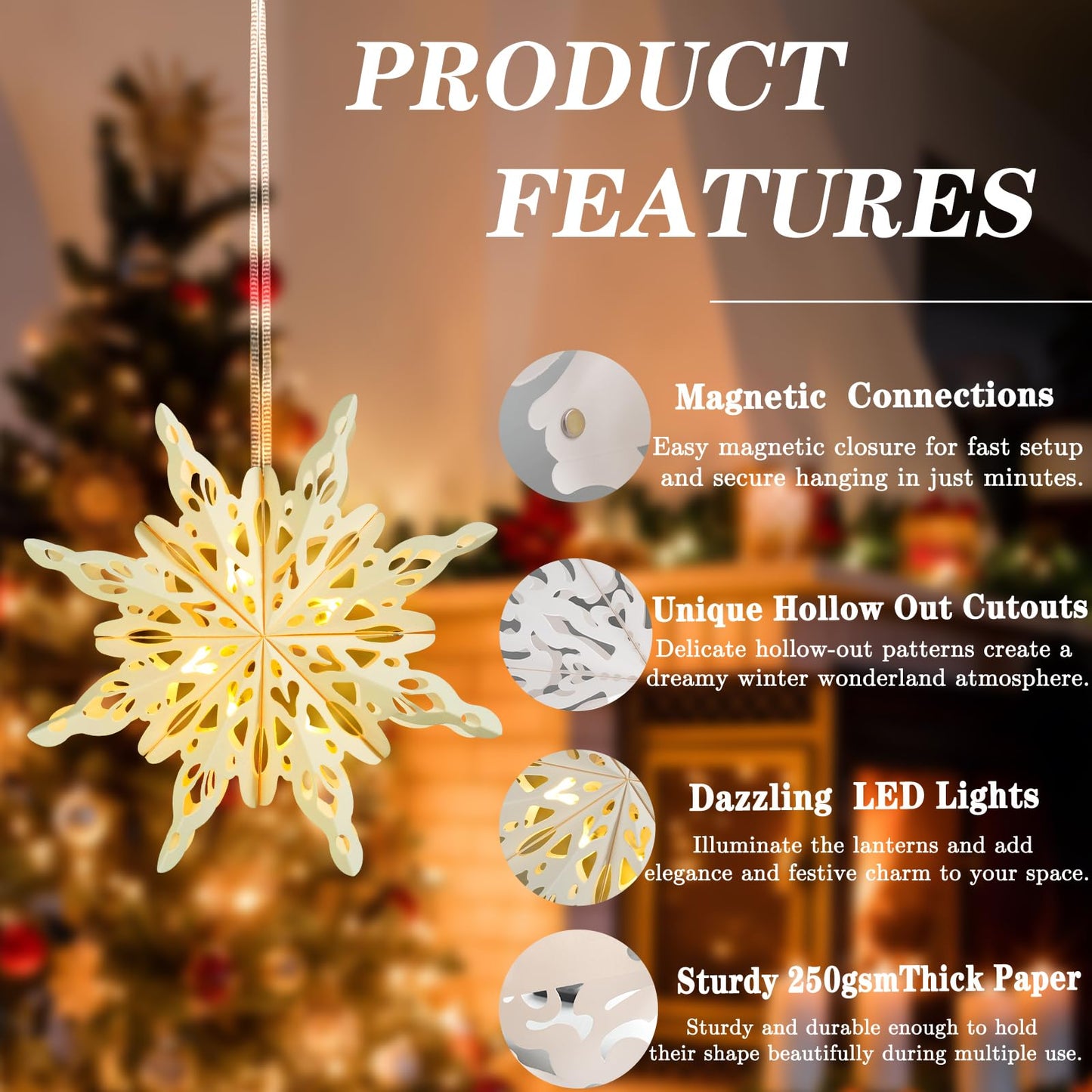 12 Pcs Christmas Paper Snowflake Lanterns, 3D Christmas Paper Star Lanterns with LED Lights, 10/12 Inch White Hanging Snowflake Lamps for Xmas Winter Frozen Weddings New Year Party Decorations