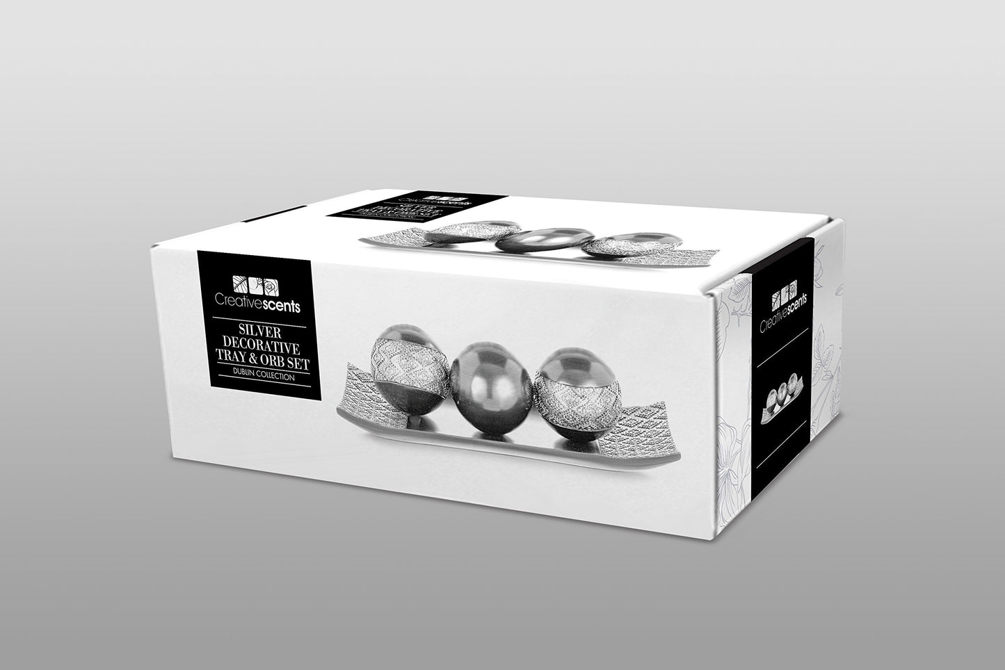 Creative Scents Dublin Silver Home Decor Tray with Orbs Set and Matching Set of 2 Candle Holders with Set of 6 Napkin Rings - Coffee Table Mantle Decor Centerpiece Table Decorations for Living Room