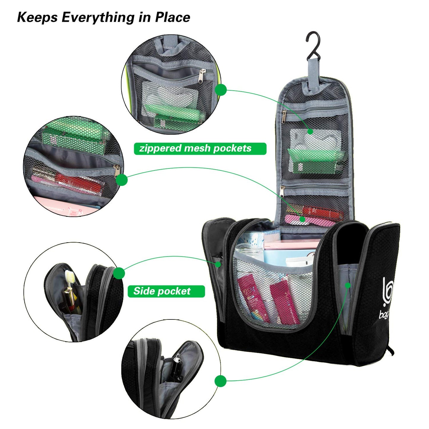 Bago Travel Hanging Toiletry Wash Bag - Large Waterproof Organizer for Women and Men - Cosmetic Essentials (Black)