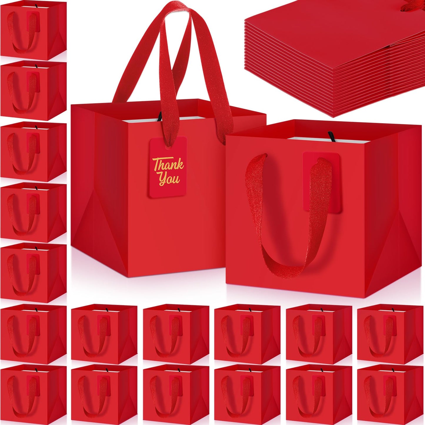 Windyun 25 Pcs Mini Paper Gift Bags with Handle 6 x 6 x 6'' Square Small Favor Bag with DIY Thank You Tag for Christmas Birthday Wedding Bridal Shower Bridesmaid Graduation Party (Red)
