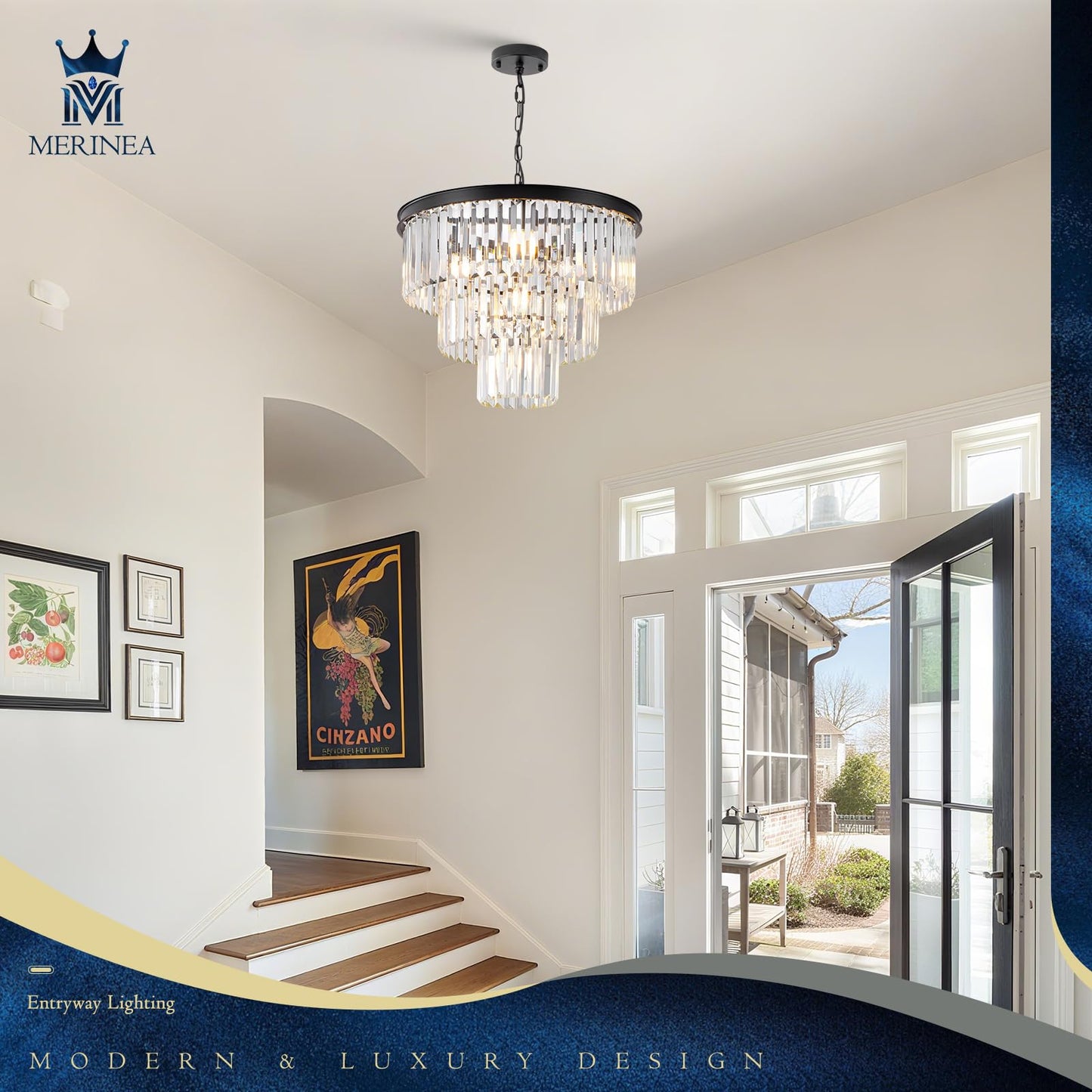 MERINEA Crystal Chandeliers Black Modern Round 20" Chandelier 7 Lights 3-Tier Ceiling Pendant Light Fixture Luxury K9 Crystal Lighting for Living Room Dining Room Bedroom Kitchen Foyer