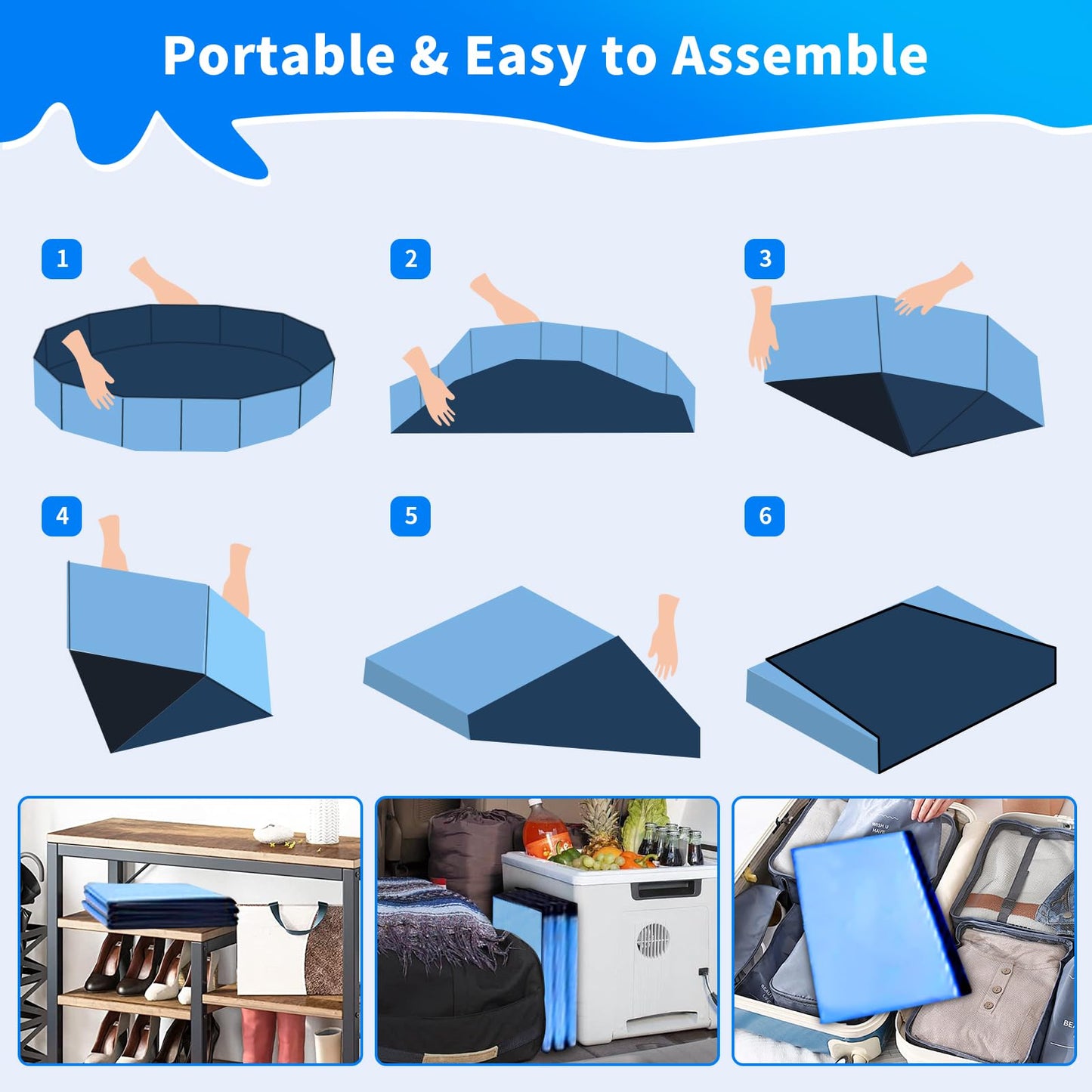 Thecvia Dog Pool for Large Dogs Foldable Kiddie Pool Hard Plastic for Toddlers 1-3, Pets Bath Tub Portable Kids Pool for Backyard Outdoor Play Pool for Doggie Kitty 64x12 inches