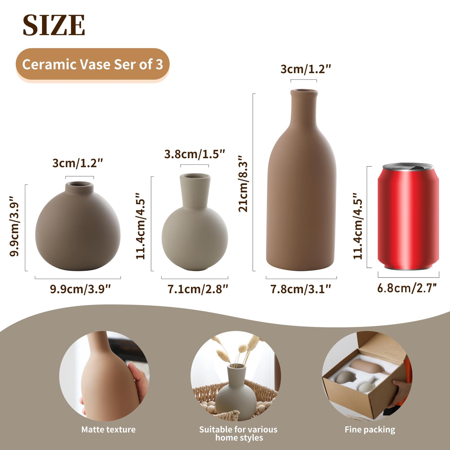 Ceramic Vase Set of 3, Vases Home Decor Rustic Farmhouse Decorative Vase Pottery Vases for Bouquet Pampas Grass Dried Fresh Flowers, Table Living Room Kitchen Bedroom Bathroom - Brown