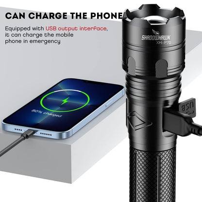 Shadowhawk Torches LED Super Bright, Rechargeable LED Torch P70 450000 Lumens Powerful Flashlight Rechargeable Battery Torch for Dog Walking Hiking Emergency Gift