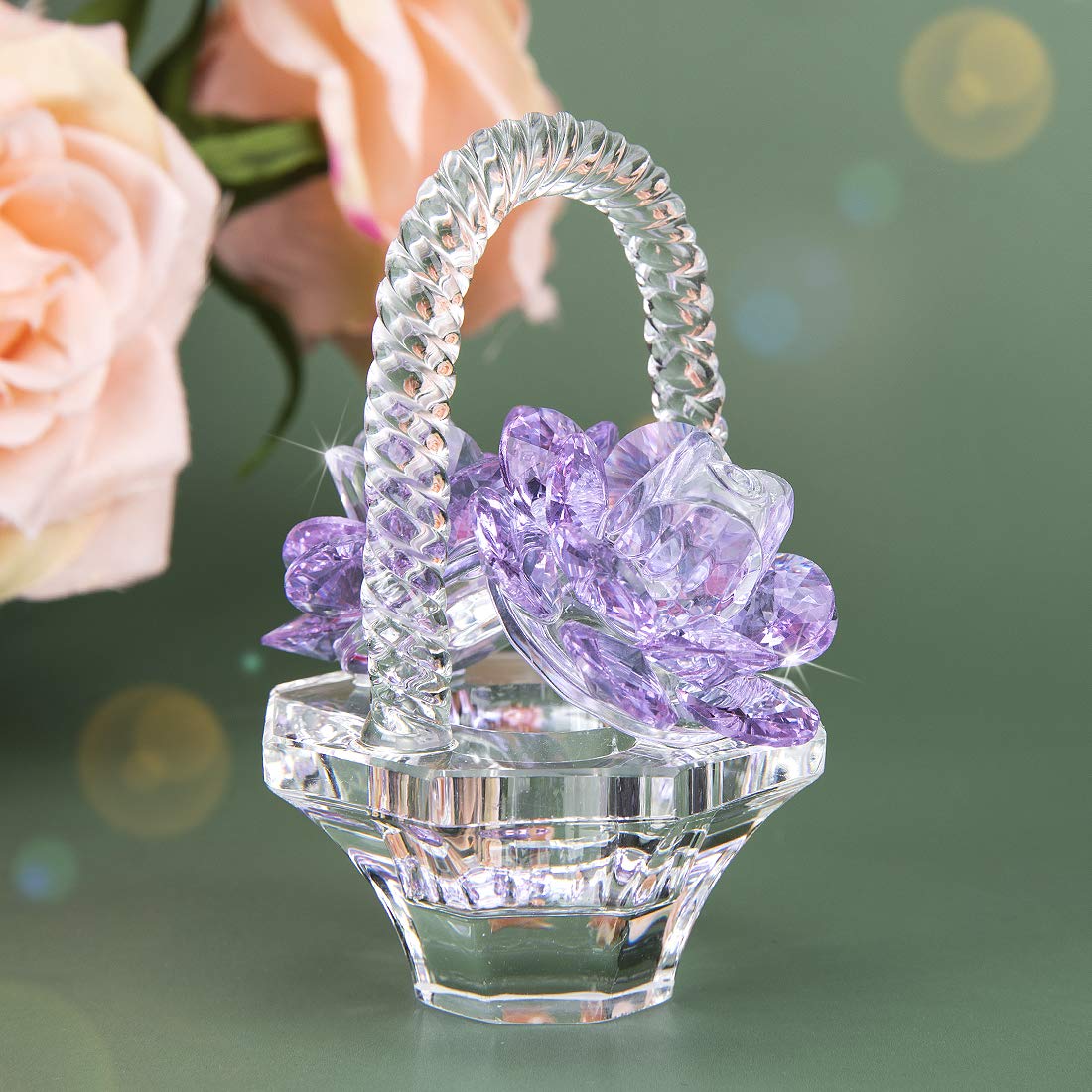 H&D HYALINE & DORA Crystal Flower Basket Figurine Purple Glass Ornament