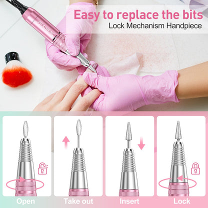 20000RPM Electric Nail Drill Professional Nail File Drill Acrylic Nails Kit for Manicure Gel Nail Polish Remover with 1 Pack of Sanding Bands(Pink)