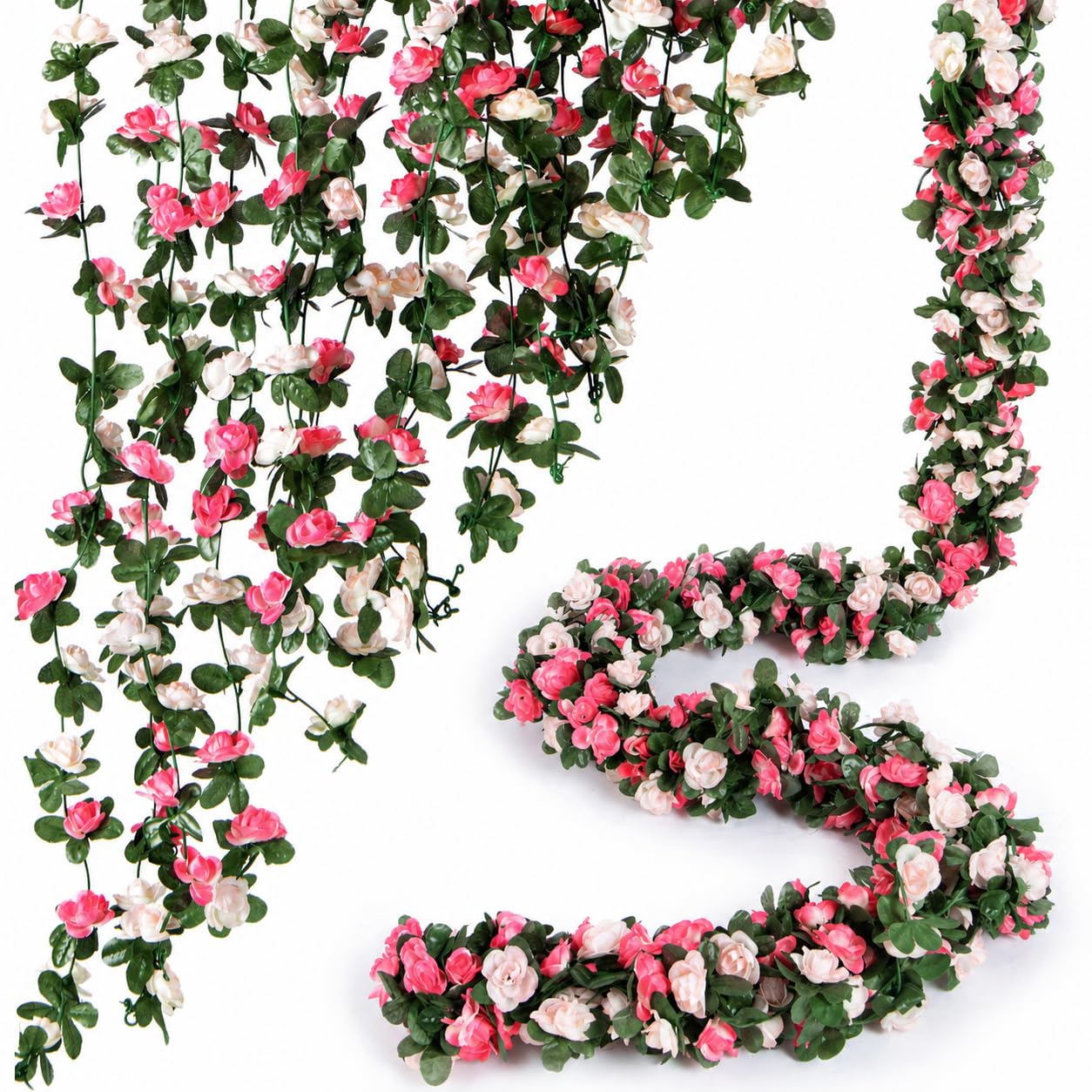 PONKING Flower Garland 8 Pcs x 8.2 ft Artificial Rose Vine Flowers with Green Leaves Hanging Fake Roses Vine for Room Party Home Wedding Birthday Christmas Wall Arch Decor, Spring Pink Flower