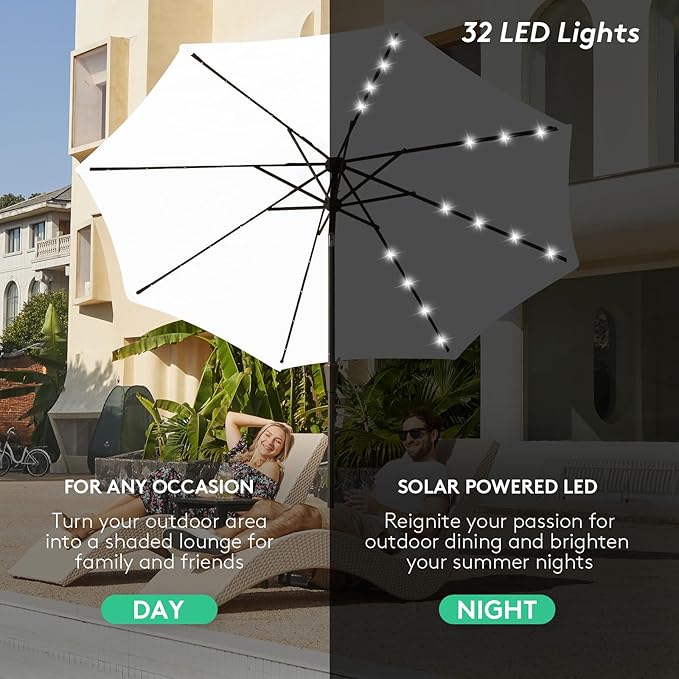 JEAREY 9FT Outdoor Patio Umbrella with Solar Lights, LED Lighted Pool Umbrella with Tilt and Crank, Outdoor Table Umbrellas for Deck, Yard & Market (Cream White)
