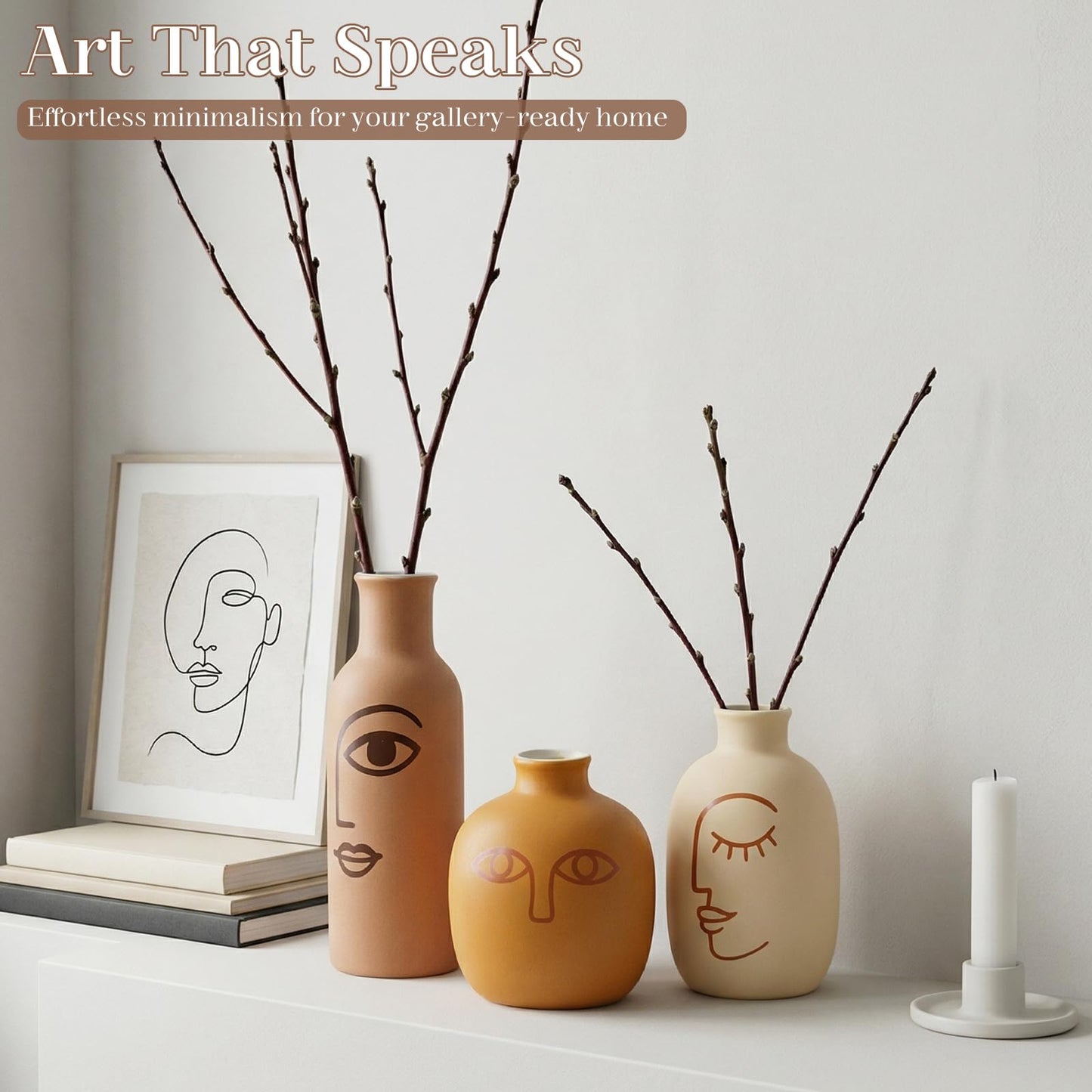 Abstract Face Ceramic Vases Set of 3, Modern Boho Matte Ceramic Vase Set for Home Decor, Rustic Farmhouse Decorative Flower Vases for Shelf, Coffee Table, Mantel and Entryway