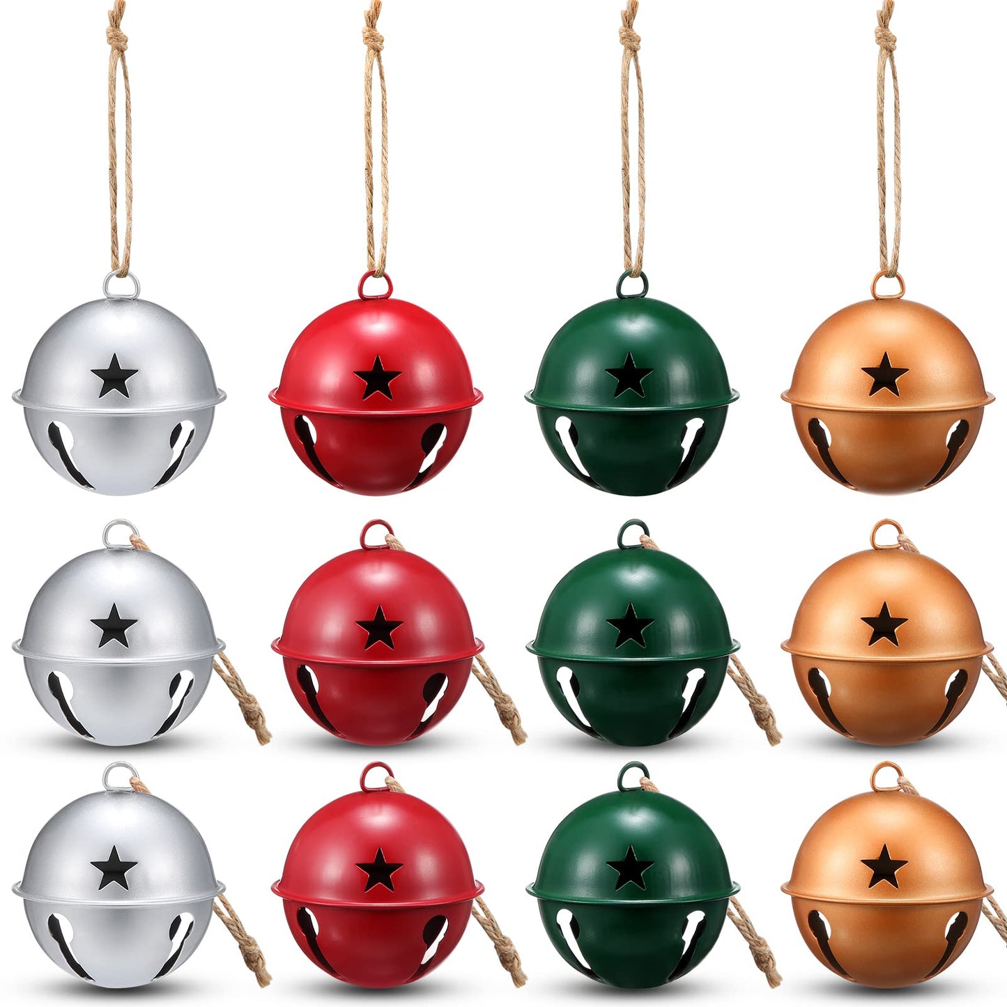 Zubebe Christmas Bells Jingle Bells Large 2.5 Inch Star Cutout Ornament for Crafts Christmas Tree Decor Gift Wrapping(Matte Red, Green, Gold, Silver,12 Pcs)