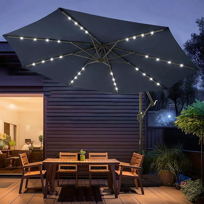 wikiwiki 10ft Solar LED Patio Umbrella with Base Included, Offset Umbrella with Weighted Sandbag Base, Cantilever Patio Umbrella for Backyard, Garden & Deck, 32 LED Lights & Polyester Shade, Navy Blue