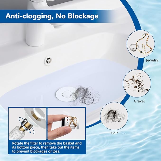 Hibbent Upgraded 3 in 1 Bathroom Sink Drain Strainer, Universal Pop Up Stopper