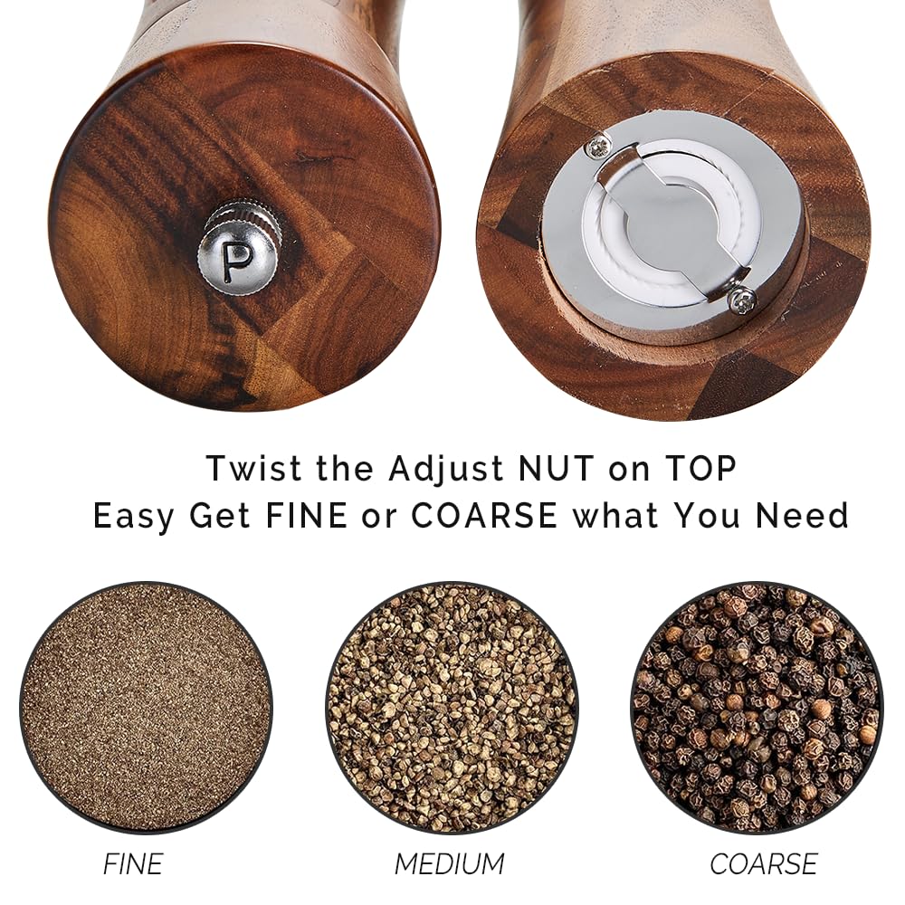 Wooden Salt and Pepper Grinder Set with Tray, 8 Inch Manual Salt & Pepper Shakers with Adjustable Coarseness, Salt and Pepper Mills