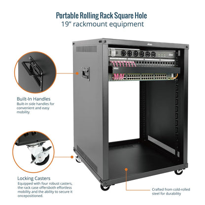 Tecmojo 15U Portable Rolling Network Rack, 4-Post Mobile Open Frame Server Rack with Wheels, Free Standing Server Cabinet for Computer/Data/AV/IT Equipment/Network Equipment