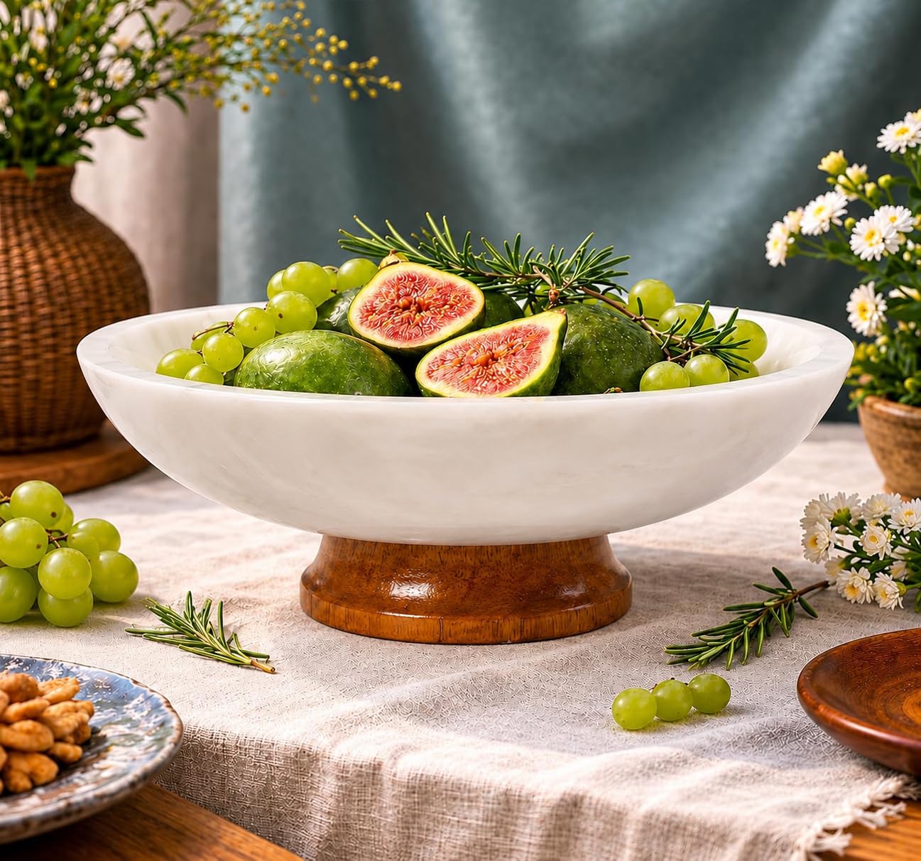 White Marble Fruit Bowl with Pedestal, 11" Large Decorative Centerpiece Bowl for Dining Table, Modern Kitchen Counter Fruit Bowl, Handcrafted Stone Marble Bowl, Luxury Home Decor Accent