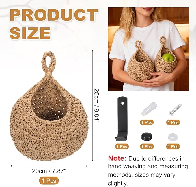 uxcell Hanging Fruit Baskets for Kitchen, Hand-Woven Wall Hanging Storage Jute