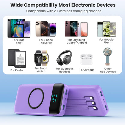 Wireless Portable Charger 40800mAh with 3 Built-in Cables,7-in-1 15W Wireless Charging Power Bank,25W PD QC 4.0 Fast Charging USB C LCD Display Battery Pack for iPhone 17/16/15/13,Samsung,Android etc