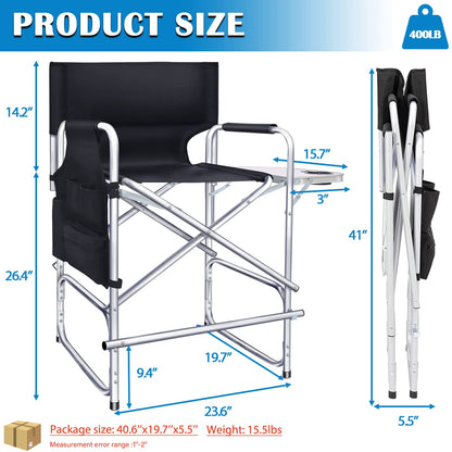 AQNIEGEP Makeup Chair for Makeup Artist 41" Tall Folding Directors Chair Makeup Artist Chair for Clients Directors Chair with Side Table Cup Holder Footrest Bags 400 lbs Load