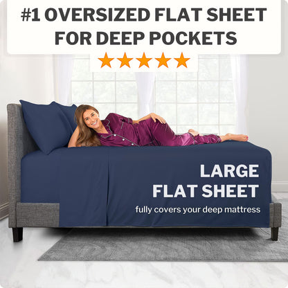 Extra Deep Pocket King Bed-Sheets – 4-Piece Includes: 18”-21” Inch Super Extra Deep Pocket Fitted Sheet – Oversize Flat Sheet – 2 Zipper Closure Pillowcases – Perfectly Fit – King Size – Navy Blue
