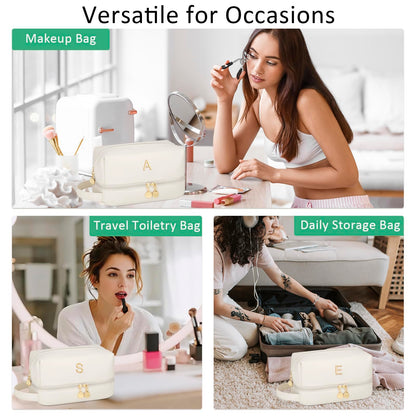 CLOUDWINGS Initial Makeup Bag for Women - Personalized Double Layer Cosmetic Bags with Makeup Brush Organizer, Hanging Travel Toiletry Bag with Large Capacity, Gifts for Mom Girlfriend Wife（Beige A）