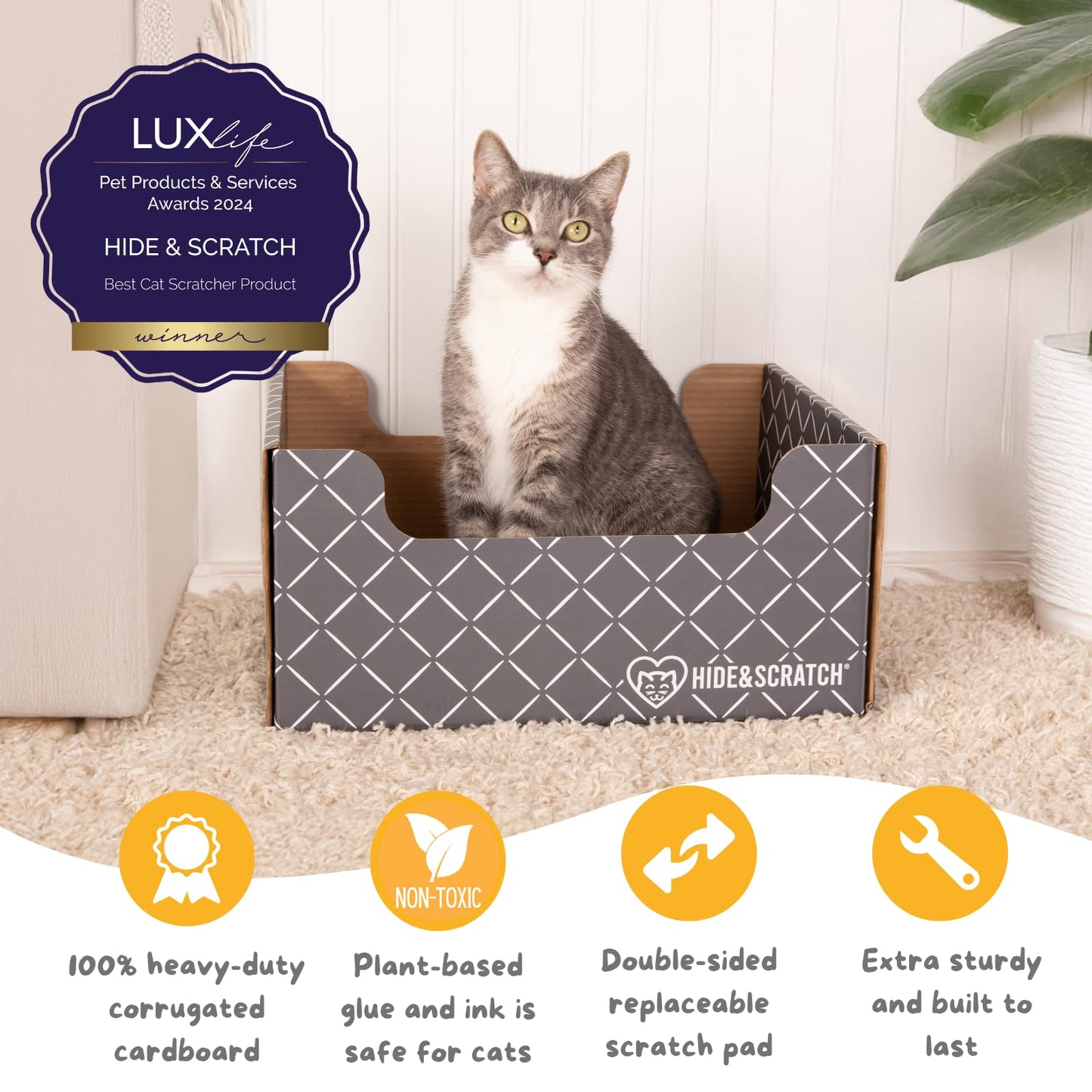 HIDE & SCRATCH Large Cardboard Cat Bed and Scratching Box with Refillable Double-Sided Cardboard Cat Scratching Board (40 x 33cm)