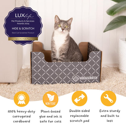 HIDE & SCRATCH Large Cardboard Cat Bed and Scratching Box with Refillable Double-Sided Cardboard Cat Scratching Board (40 x 33cm)