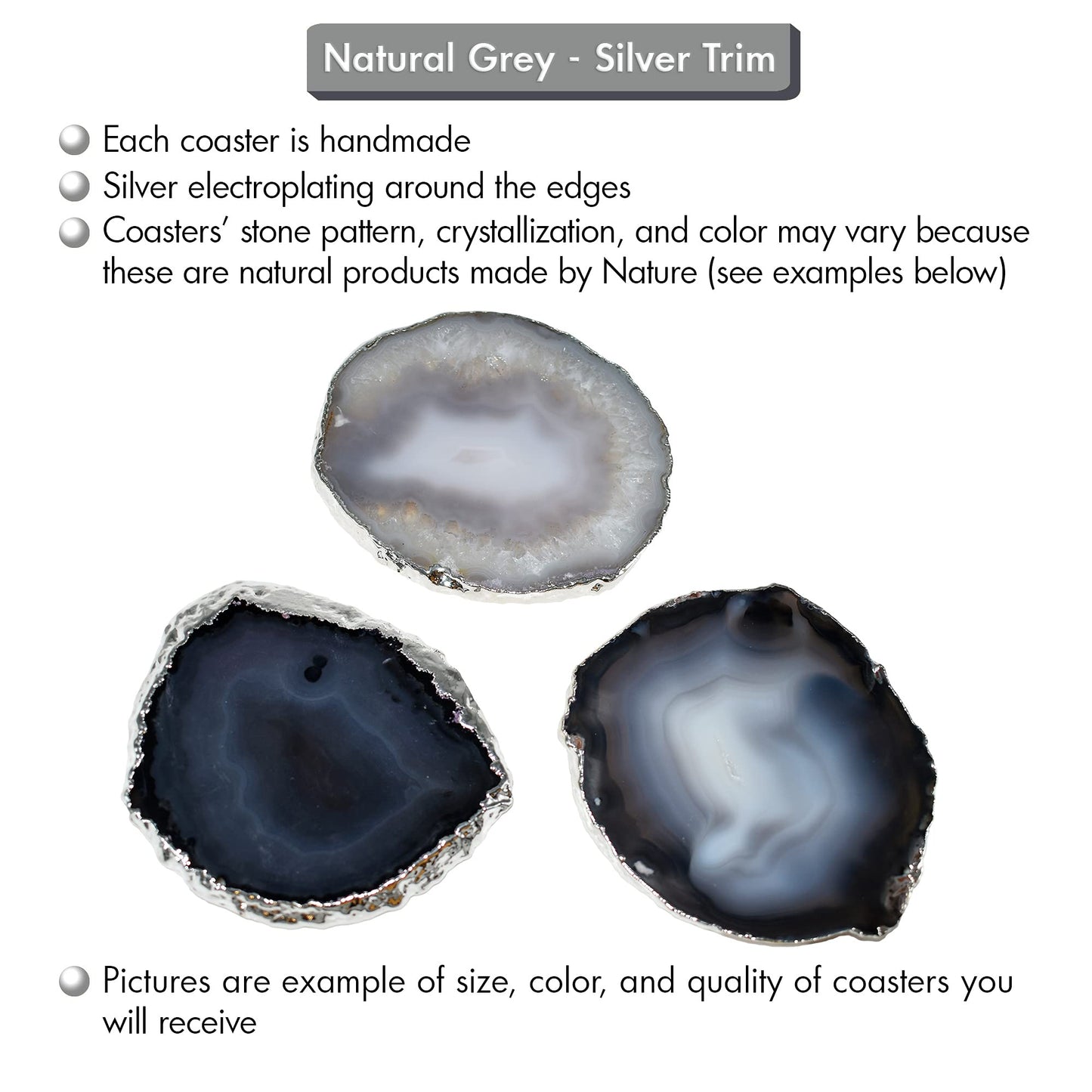 Nature's Decorations Natural Agate Stone Coasters with Real Silver Edge - Set of 4 Polished Geode Drink Mats for Dining & Coffee Table & Kitchen Decor No Dye 3.5-4" Diameter